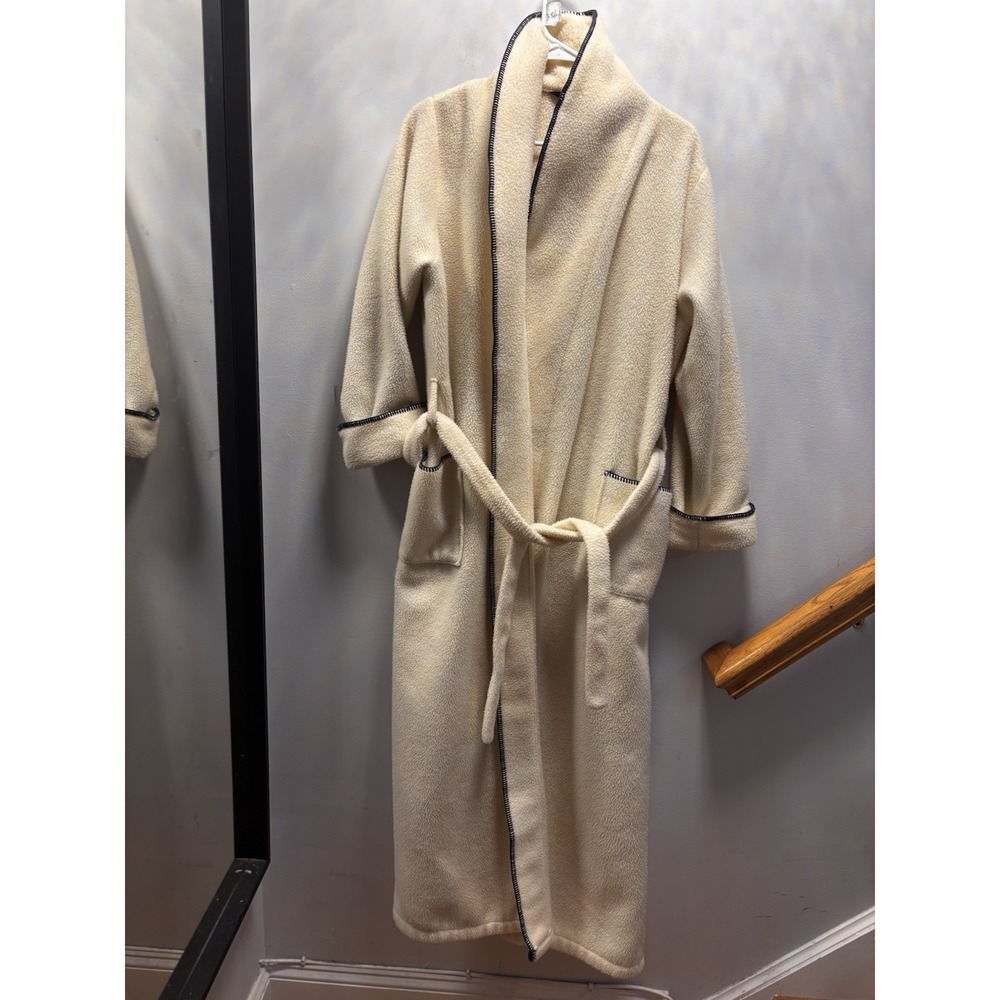 Lands' End‎ Fleece Robe Womens M Cream Navy Blue Good Whipstitch Made in USA